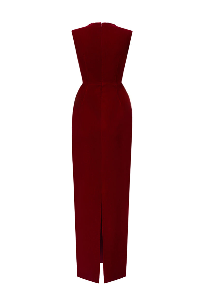 Dark red velvet Lyon midi column gown by I.H.F Studio featuring a heart-shaped neckline and crystal embellishments.