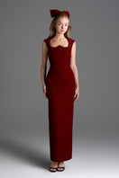 Dark red velvet Lyon midi column gown by I.H.F Studio featuring heart-shaped neckline and crystal embellishments.