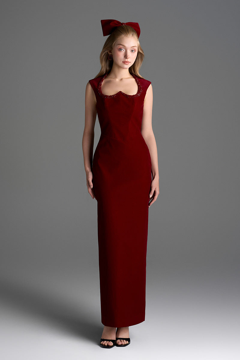 Dark red velvet Lyon midi column gown by I.H.F Studio featuring heart-shaped neckline and crystal embellishments.