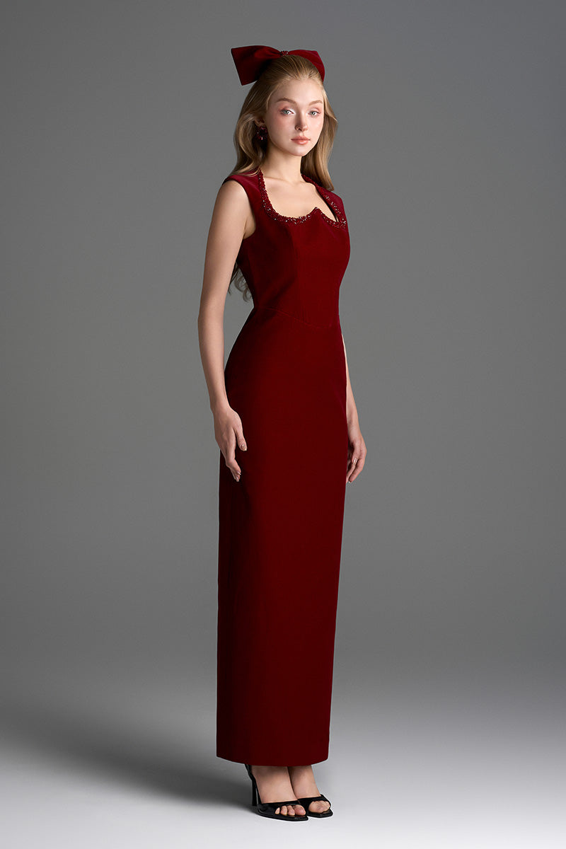 Dark red velvet Lyon midi column gown by I.H.F Studio featuring a heart-shaped neckline and crystal embellishments.
