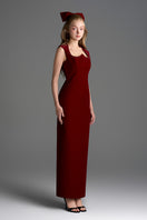 Dark red velvet Lyon midi column gown by I.H.F Studio featuring a heart-shaped neckline and crystal embellishments.