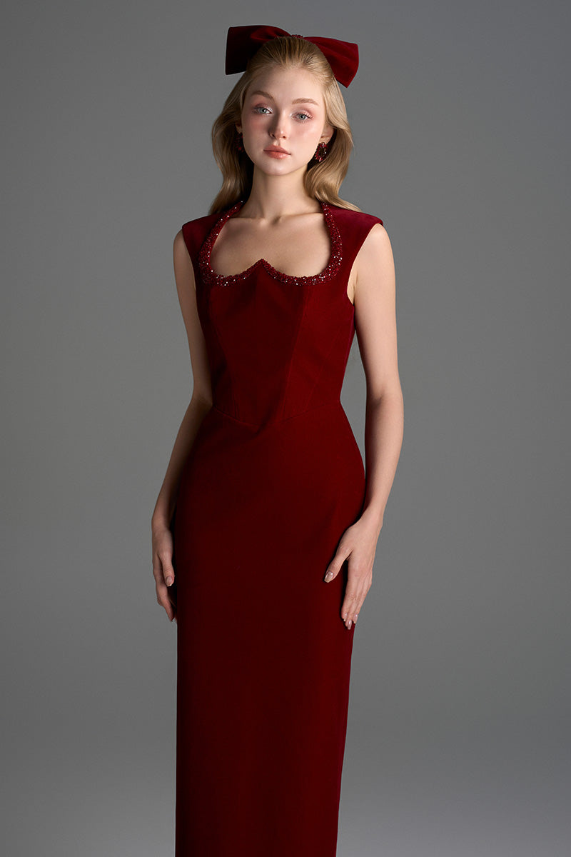 Dark red velvet Lyon midi column gown by I.H.F Studio featuring a heart-shaped neckline and crystal embellishments.