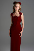 Dark red velvet Lyon midi column gown by I.H.F Studio featuring a heart-shaped neckline and crystal embellishments.