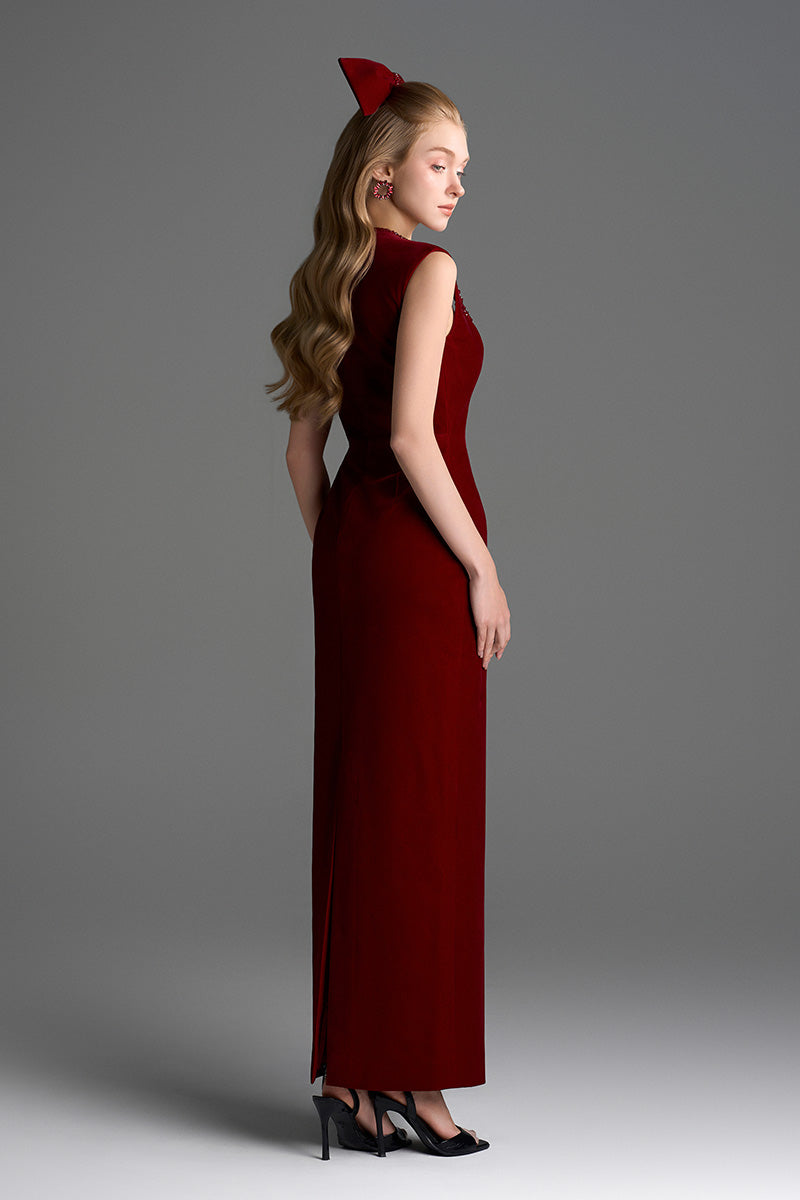 Dark red velvet Lyon midi column gown by I.H.F Studio featuring a heart-shaped neckline and crystal embellishments.