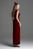 Dark red velvet Lyon midi column gown by I.H.F Studio featuring a heart-shaped neckline and crystal embellishments.