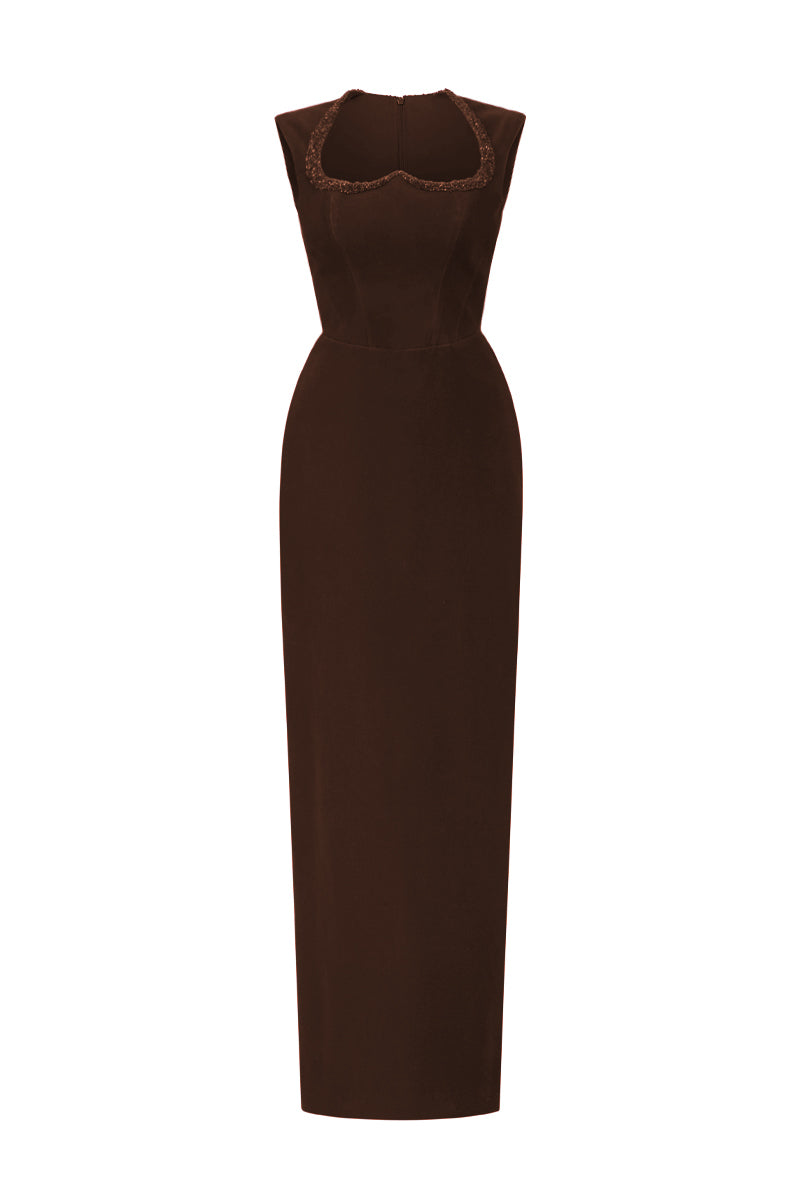 Brown velvet Lyon midi column gown by I.H.F Studio featuring a heart-shaped neckline and crystal embellishments.