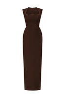 Brown velvet Lyon midi column gown by I.H.F Studio featuring a heart-shaped neckline and crystal embellishments.