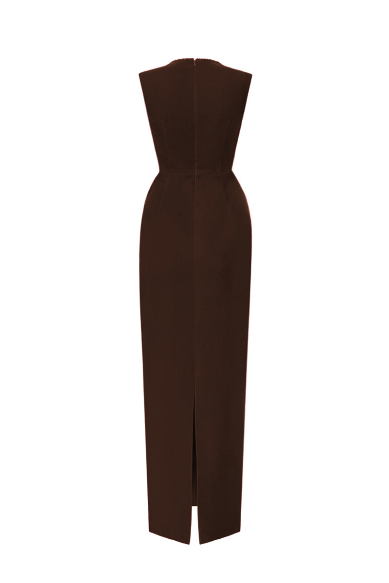 Brown velvet midi column gown by I.H.F Studio featuring a heart-shaped neckline and crystal embellishments.