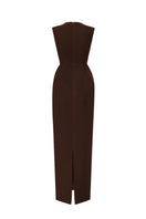 Brown velvet midi column gown by I.H.F Studio featuring a heart-shaped neckline and crystal embellishments.