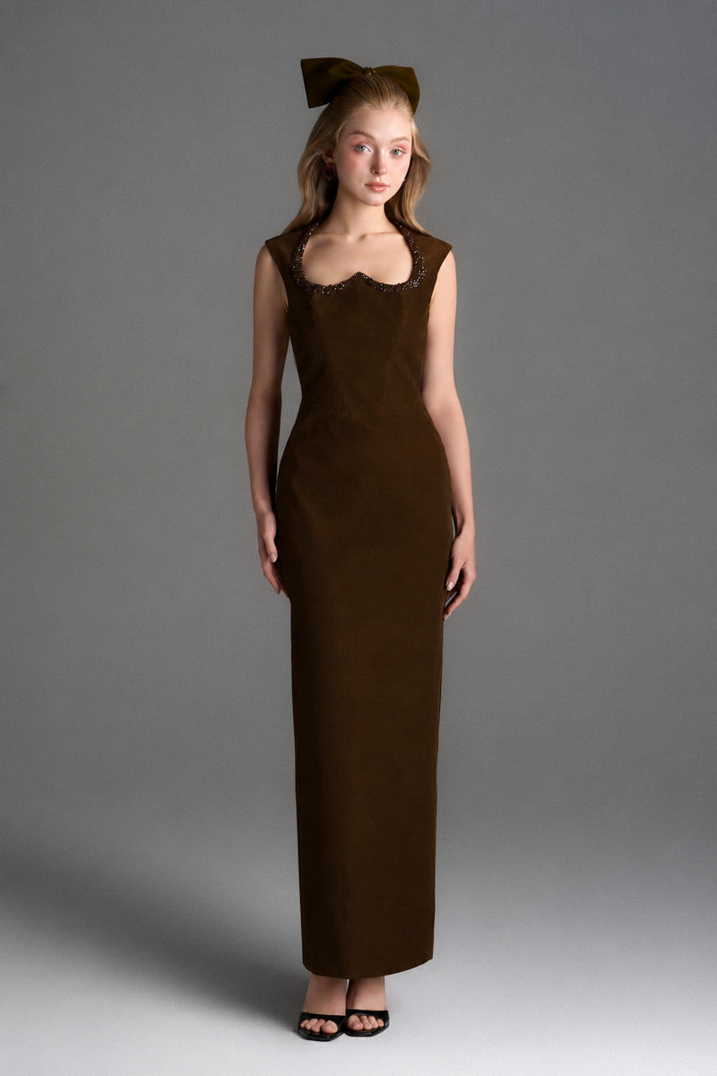Brown velvet Lyon midi column gown by I.H.F Studio featuring a heart-shaped neckline and crystal embellishments.