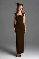 Brown velvet Lyon midi column gown by I.H.F Studio featuring a heart-shaped neckline and crystal embellishments.