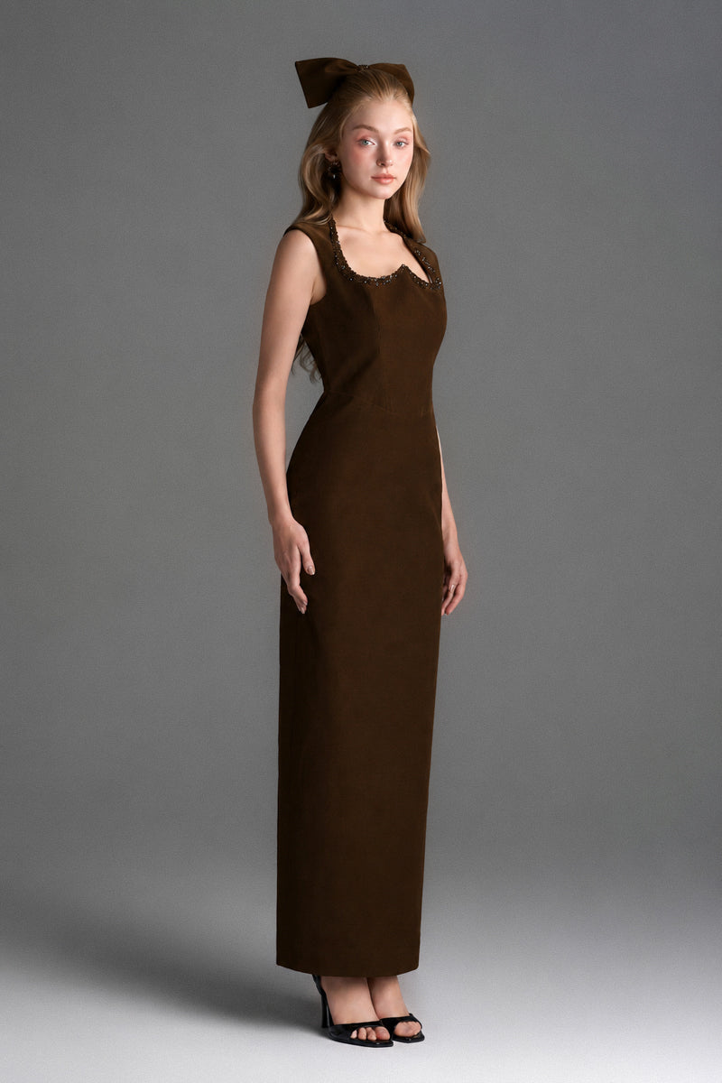 Brown velvet Lyon midi column gown by I.H.F Studio featuring a heart-shaped neckline and crystal embellishments.