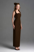 Brown velvet Lyon midi column gown by I.H.F Studio featuring a heart-shaped neckline and crystal embellishments.