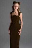 Brown velvet Lyon midi column gown by I.H.F Studio featuring a heart-shaped neckline and crystal embellishments.