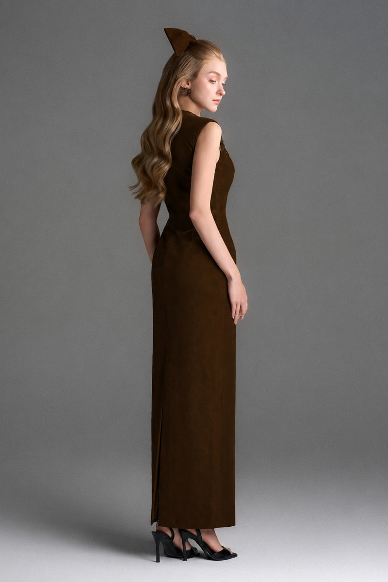 Brown velvet Lyon midi column gown by I.H.F Studio featuring a heart-shaped neckline and crystal embellishments.