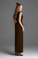 Brown velvet Lyon midi column gown by I.H.F Studio featuring a heart-shaped neckline and crystal embellishments.