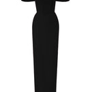 Black velvet bustier midi gown with horizontal train by I.H.F Studio, featuring a fitted bodice and elegant silhouette.