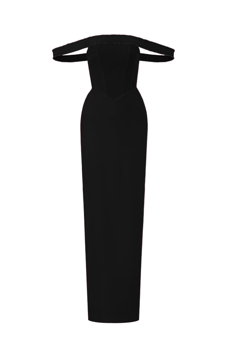 Black velvet bustier midi gown with horizontal train by I.H.F Studio, featuring a fitted bodice and elegant silhouette.
