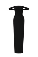 Black velvet bustier midi gown with horizontal train by I.H.F Studio, featuring a fitted bodice and elegant silhouette.