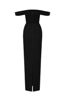Black Lyon velvet bustier midi gown by I.H.F Studio with horizontal train and elegant column silhouette.
