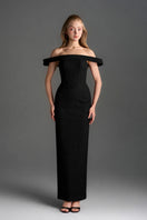 Black velvet bustier midi gown with horizontal train by I.H.F Studio, featuring a fitted bustier top and flowing column silhouette.