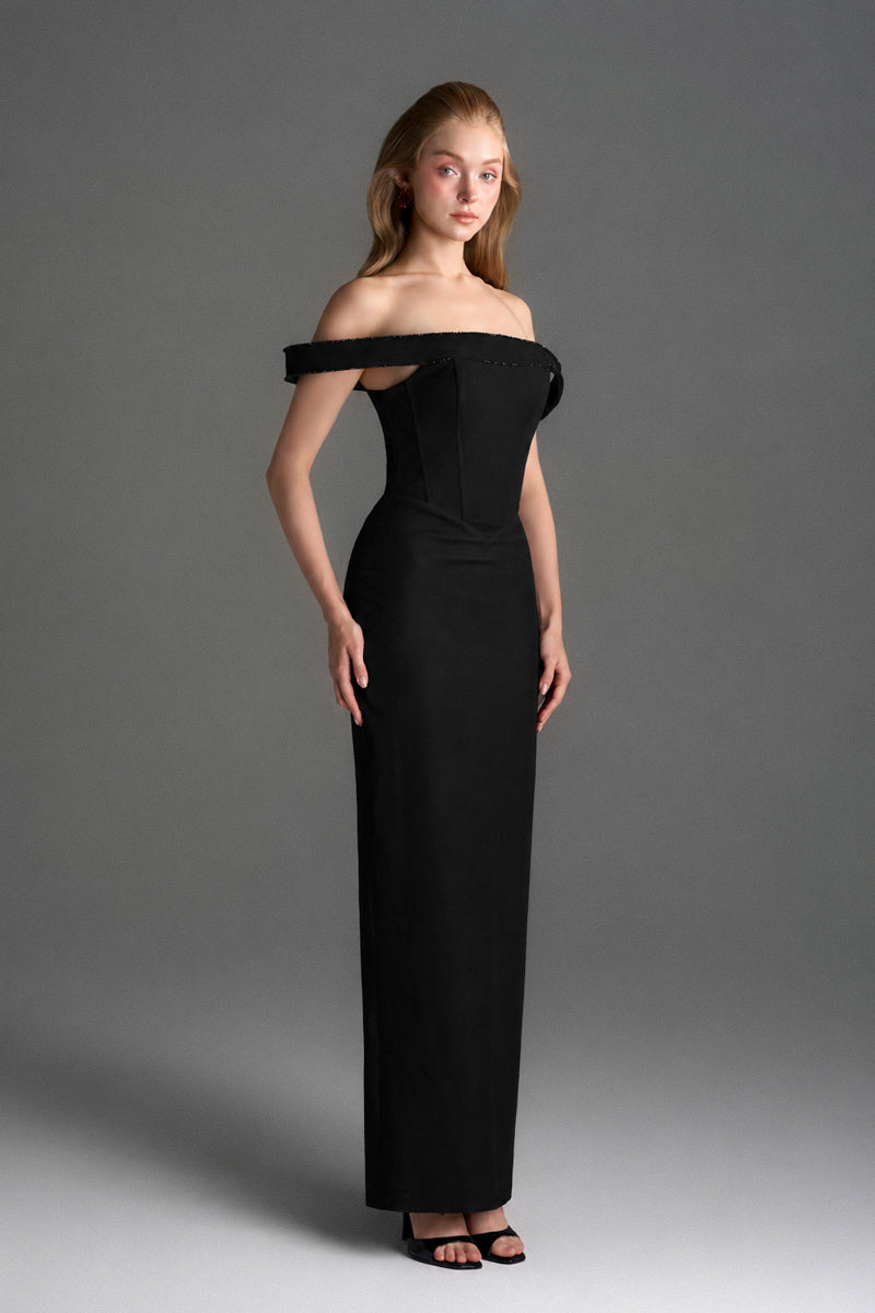 Black velvet bustier midi gown with horizontal train by I.H.F Studio, elegant floor-length dress with a fitted bodice and flowing train
