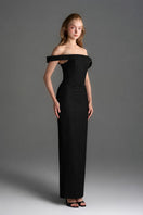 Black velvet bustier midi gown with horizontal train by I.H.F Studio, elegant floor-length dress with a fitted bodice and flowing train
