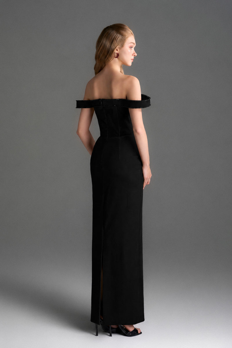 Black velvet bustier midi gown with horizontal train by I.H.F Studio, featuring a fitted silhouette and elegant design.