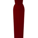 Dark red velvet Lyon bustier midi gown by I.H.F Studio featuring a horizontal train and fitted column silhouette.