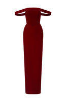Dark red velvet Lyon bustier midi gown by I.H.F Studio featuring a horizontal train and fitted column silhouette.
