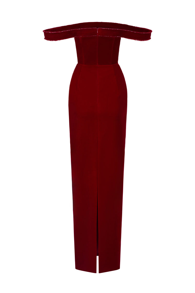 Dark red velvet Lyon bustier midi gown with horizontal train by I.H.F Studio, elegant and form-fitting for special occasions.