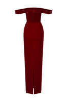 Dark red velvet Lyon bustier midi gown with horizontal train by I.H.F Studio, elegant and form-fitting for special occasions.