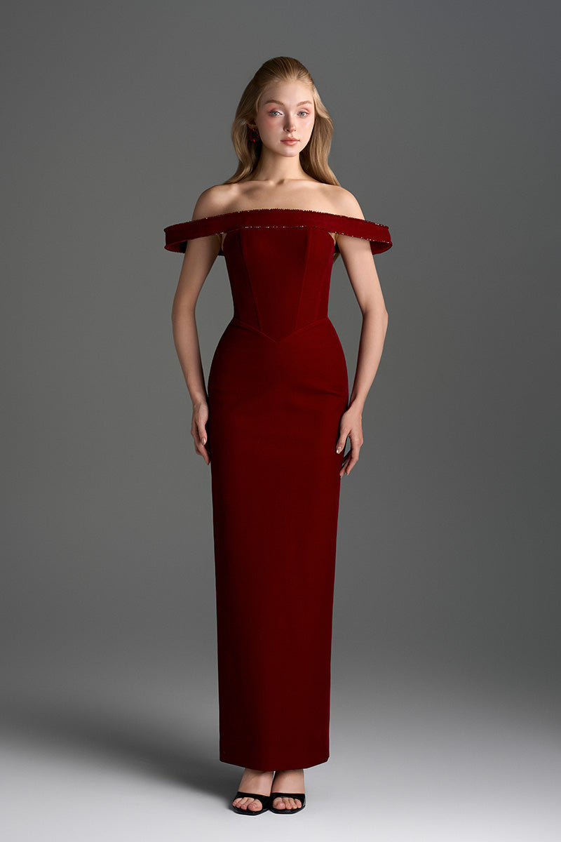 Dark red velvet Lyon bustier midi gown with horizontal train, elegant column dress by I.H.F Studio, styled for formal occasions.