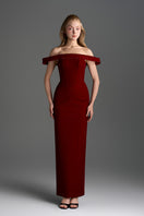 Dark red velvet Lyon bustier midi gown with horizontal train, elegant column dress by I.H.F Studio, styled for formal occasions.