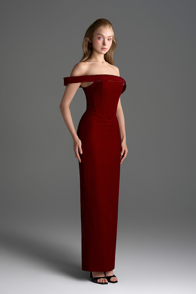 Dark red velvet Lyon bustier midi gown with horizontal train by I.H.F Studio, elegant evening dress with fitted silhouette.
