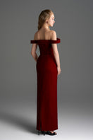 Dark red velvet Lyon bustier midi gown with horizontal train by I.H.F Studio, elegant column dress with fitted bodice and flowing train.