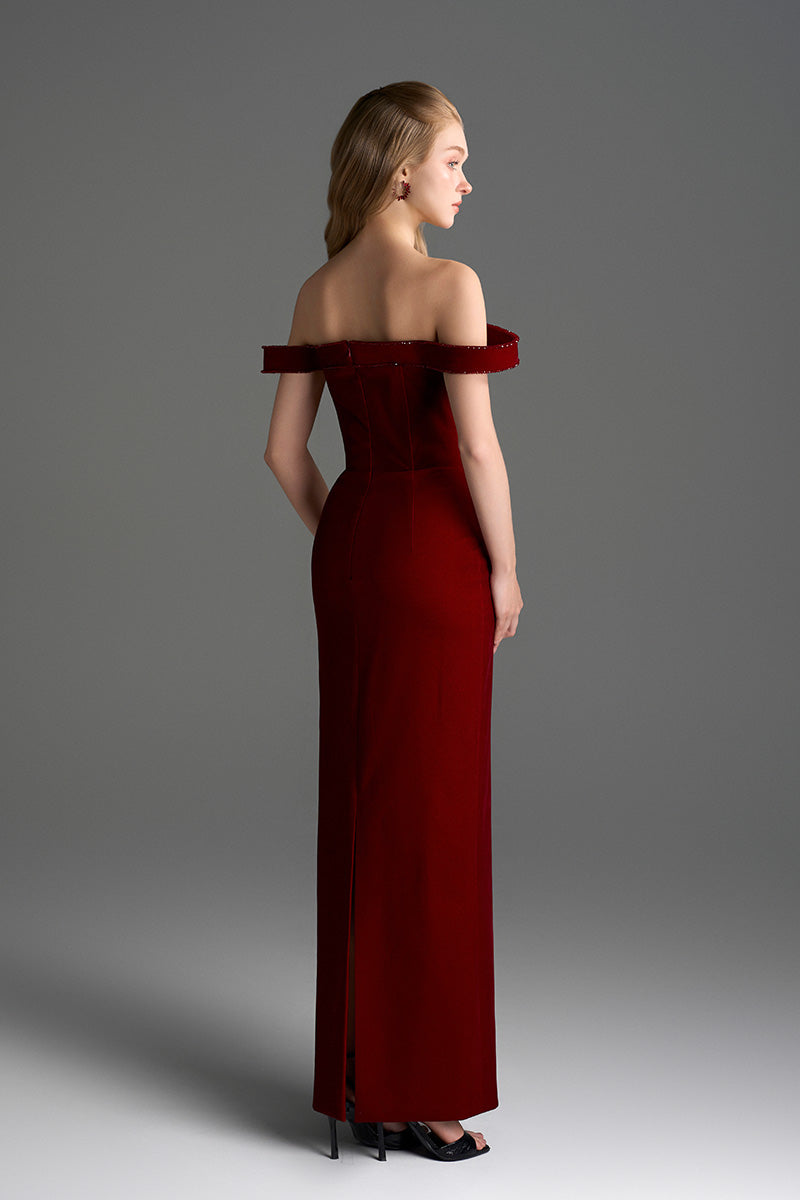 Dark red velvet Lyon bustier midi gown with horizontal train by I.H.F Studio, elegant column dress with fitted bodice and flowing train.