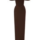 Dark brown velvet Lyon bustier midi gown with horizontal train by I.H.F Studio, elegant and form-fitting for formal occasions.