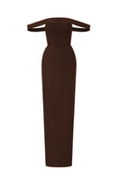 Dark brown velvet Lyon bustier midi gown with horizontal train by I.H.F Studio, elegant and form-fitting for formal occasions.