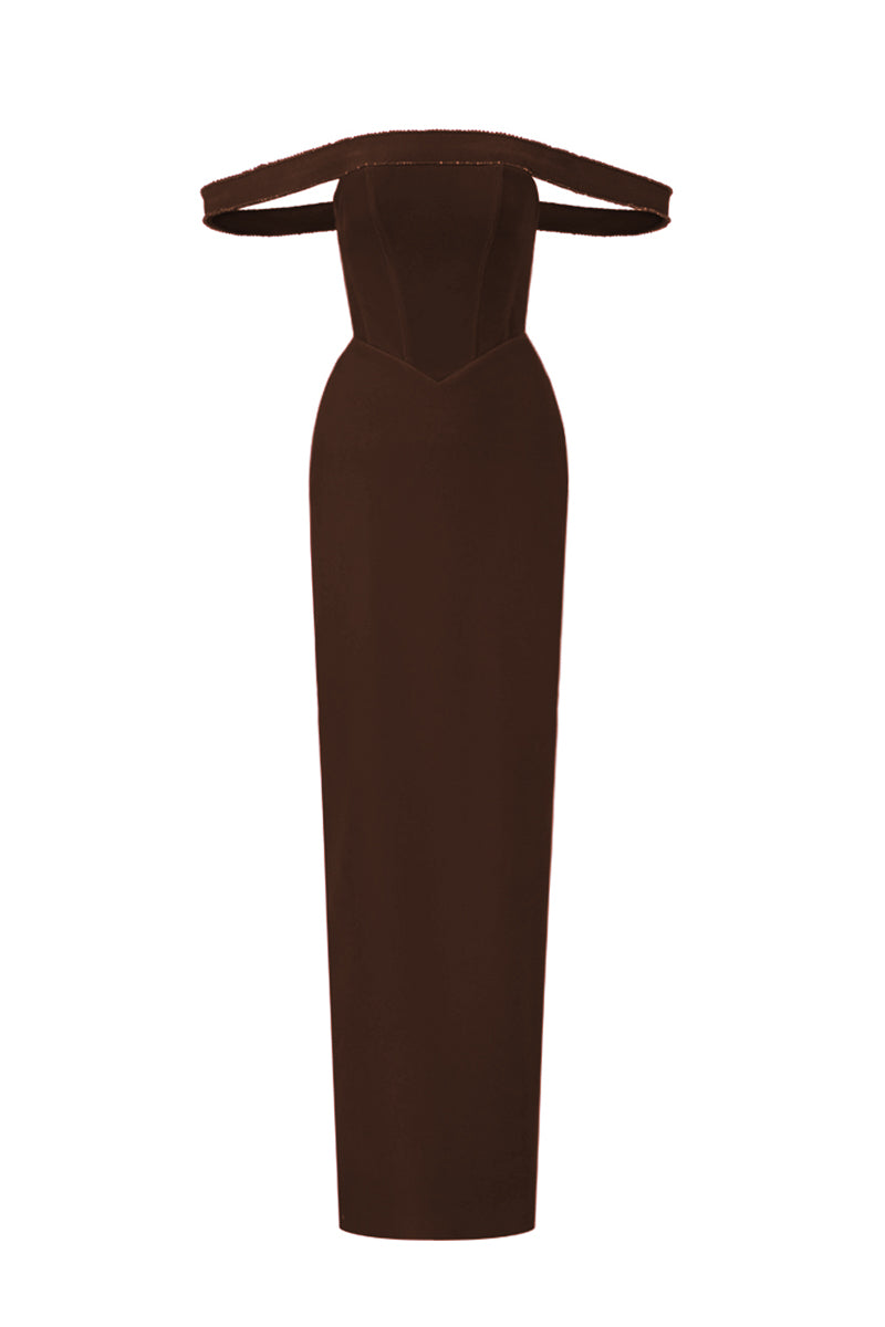 Dark brown velvet Lyon bustier midi gown with horizontal train by I.H.F Studio, elegant and form-fitting for formal occasions.