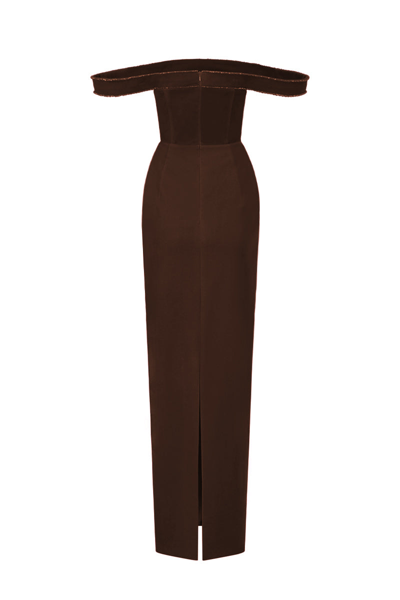 Dark brown velvet Lyon bustier midi gown with a horizontal train from I.H.F Studio, featuring a fitted column silhouette.