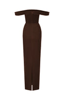 Dark brown velvet Lyon bustier midi gown with a horizontal train from I.H.F Studio, featuring a fitted column silhouette.