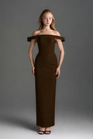Dark brown Lyon velvet bustier gown by I.H.F Studio featuring a midi column silhouette with a horizontal train.