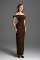 Dark brown velvet Lyon bustier midi gown with horizontal train by I.H.F Studio, elegant column dress for formal occasions.