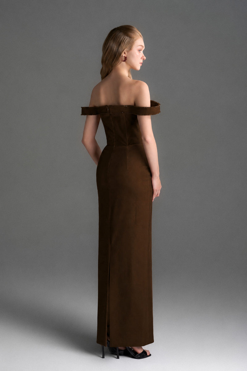 Dark brown velvet bustier midi gown with horizontal train by I.H.F Studio, elegant column dress with fitted bodice and flowing train.