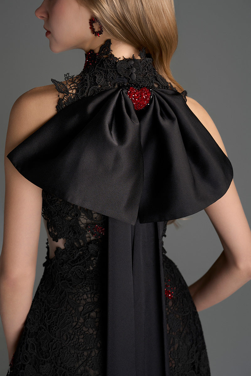 Black lace halter midi A-line gown with floral vine pattern and waist cut from I.H.F Studio, elegant evening dress.