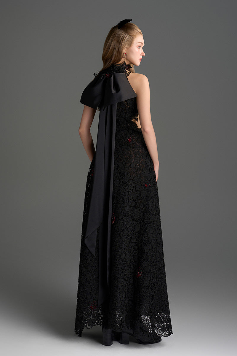 Black lace halter midi gown with floral vine pattern from I.H.F Studio featuring an A-line silhouette and waist cut detail.