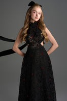 Black lace halter midi A-line gown with floral vine pattern from I.H.F Studio, featuring a fitted waist and elegant design.