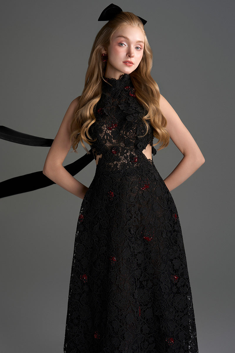 Black lace halter midi A-line gown with floral vine pattern from I.H.F Studio, featuring a fitted waist and elegant design.