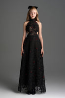 Black lace halter midi gown with floral vine design by I.H.F Studio, featuring an A-line silhouette and elegant halter neckline.